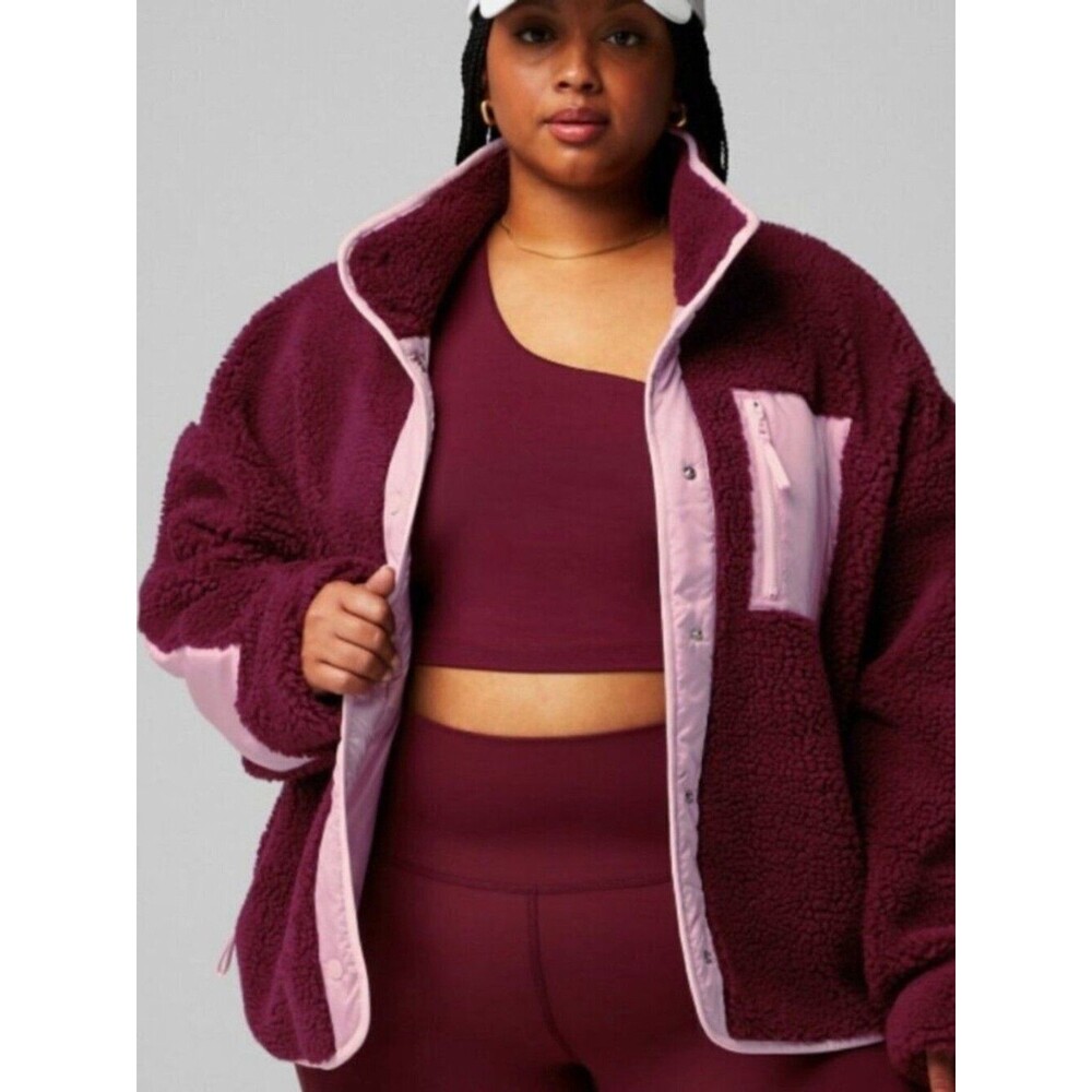 Fabletics Tahoe Teddy Sherpa Jacket Women XXL Maroon Pink Snap Button Fleece